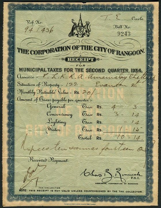 A Rangoon municipal tax receipt c. 1930s