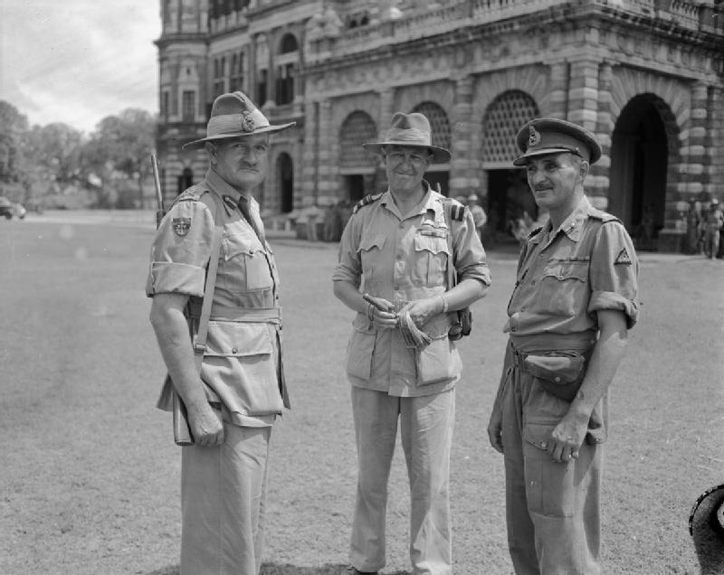 General William Slim, commander of the British 14th Army and other Allied commanders at Government House, Rangoon, 8 May 1945.