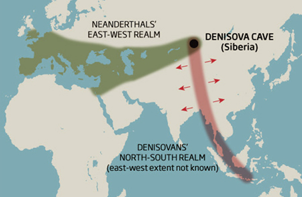 A map showing the spread of Neanderthal and Denisovan populations.