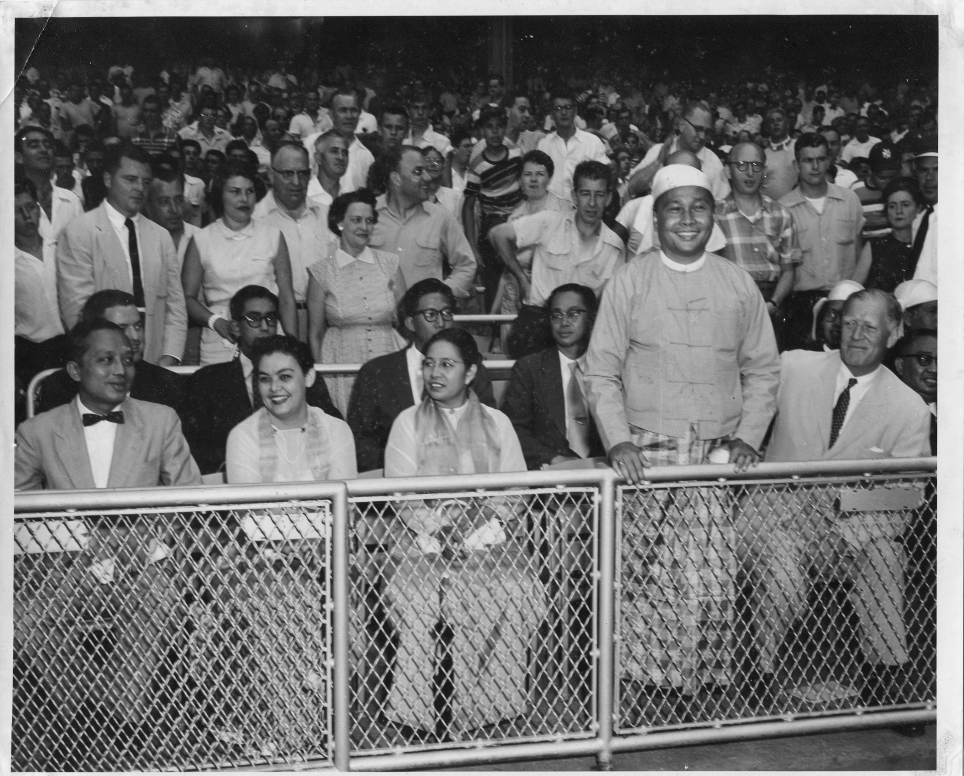 U Nu and U Thant with Daw Mya Yi and Mrs Eileen Barrington at a Yankees baseball game.