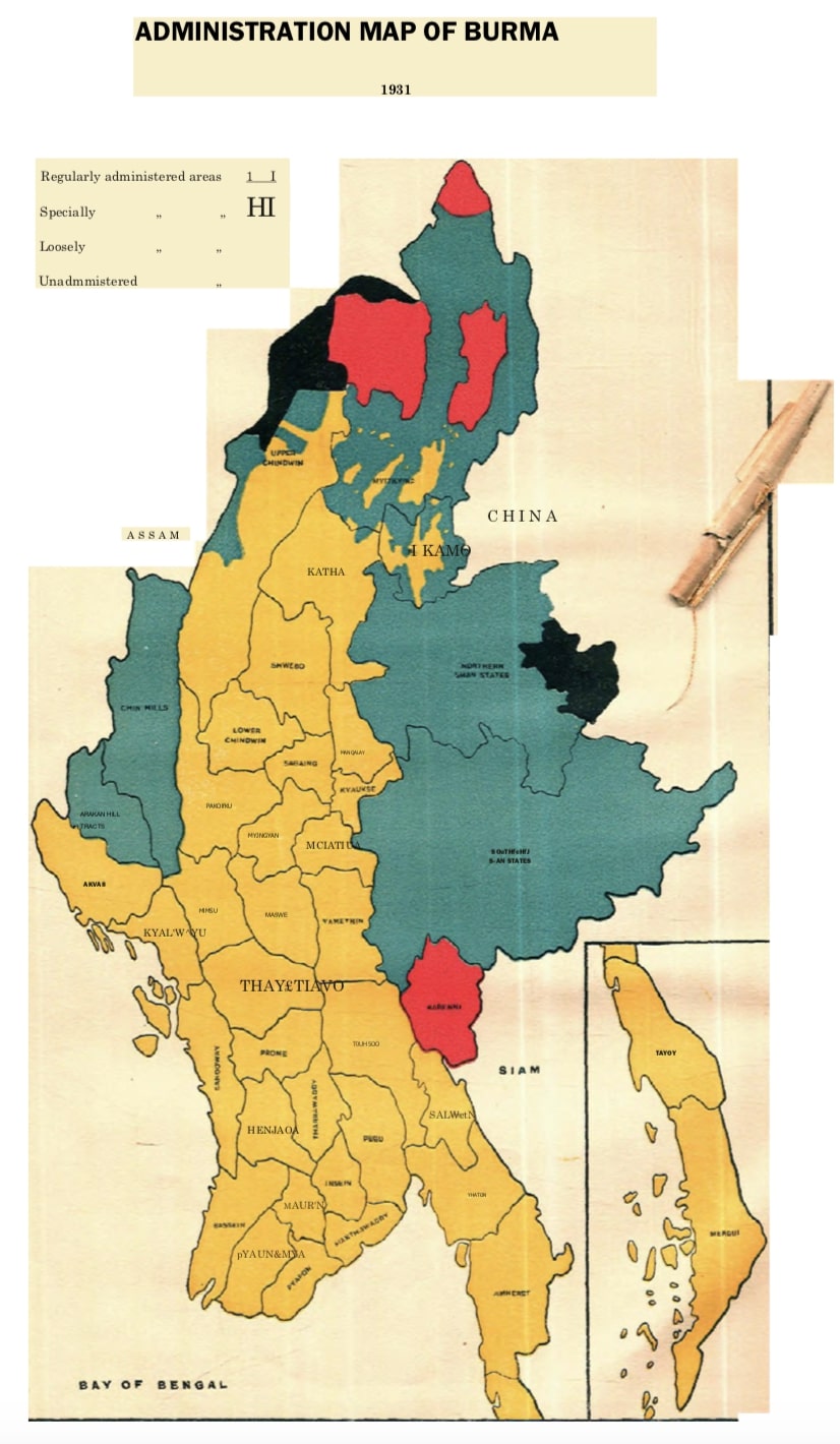 1931 British map of Burma, showing areas not under British administration (red and black)