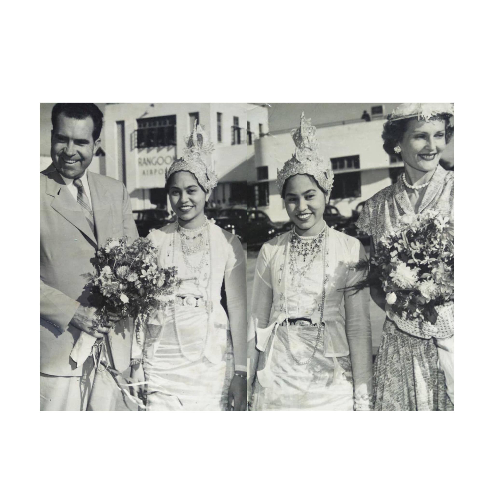 Dr. Khin Lay Gyi and Dr. Khin Lay Ngal greeting the Nixon couple at Rangoon Airport